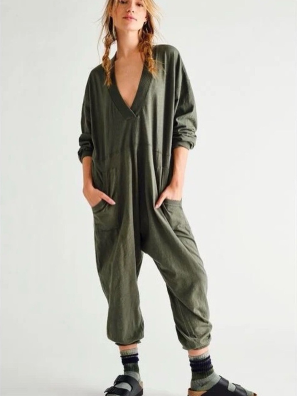 Free People Just Because Onesie Jumpsuit in Olive Green